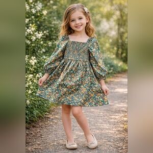 Crewcuts Floral Smocked Long-Sleeve Dress with Orange Accents